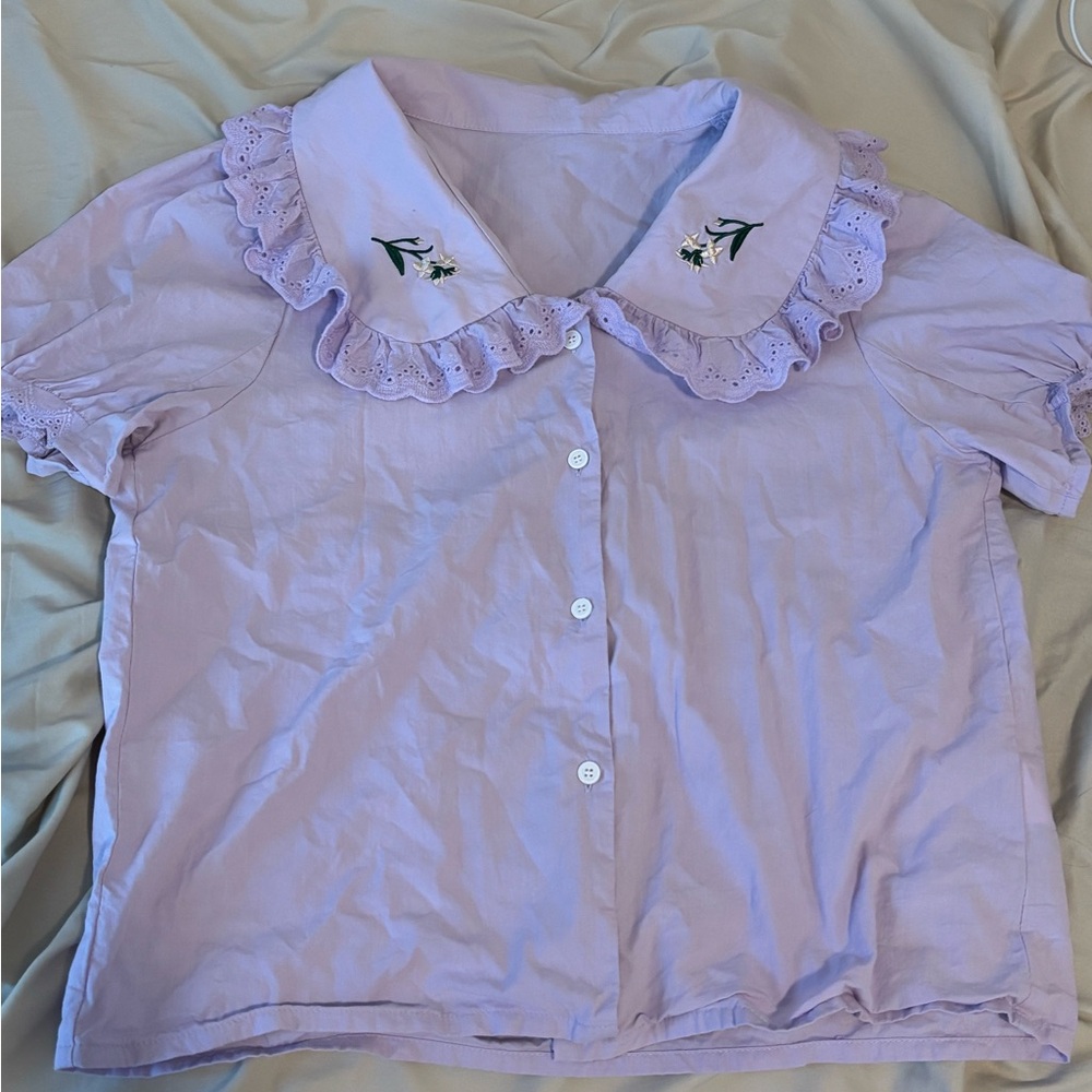 Ruffled Collared Blouse with cute Floral Embroidery - Picture 2 of 5